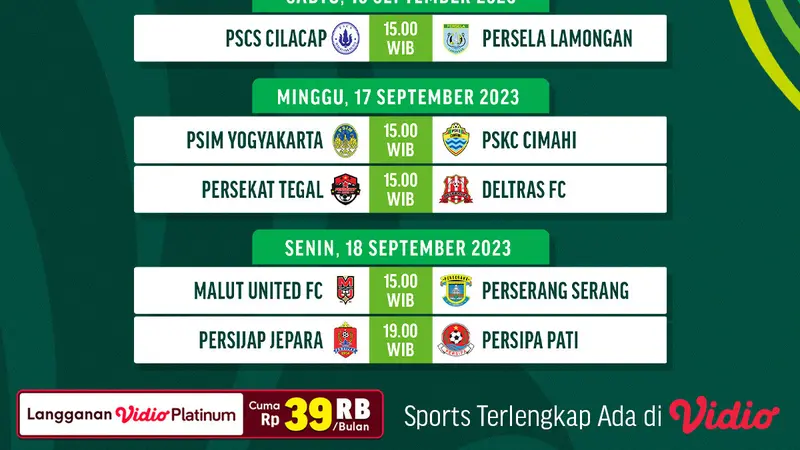 Jadwal Pegadaian Liga 2, 16-18 September 2023 di Vidio