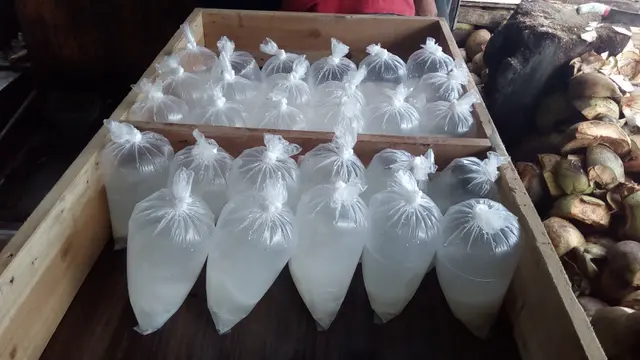 Kelapa muda siap saji yang sudah dikemas dalam kemasan plastik, yang dijajakan di bilangan jalan Tarogong Garut