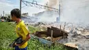 Seorang anak menyelamatkan burung saat kebakaran melanda pemukiman warga di Kampung Bandan, Ancol, Jakarta, Selasa (26/1). Lebih dari 27 mobil pemadam dikerahkan untuk menjinakkan api yang membakar bangunan semi permanen itu (Liputan6.com/Faizal Fanani)