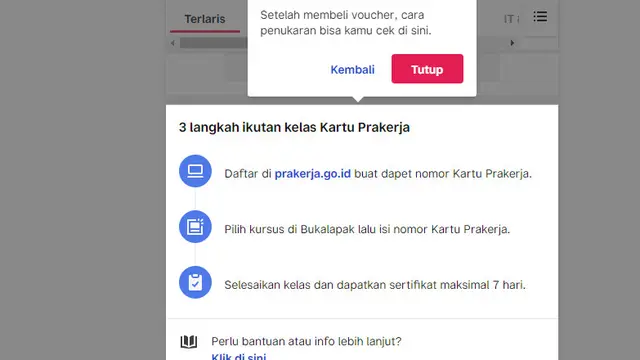 Pembelian pelatihan Kartu Prakerja di Bukalapak