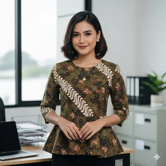 Blouse Batik Peplum dengan Lengan ¾