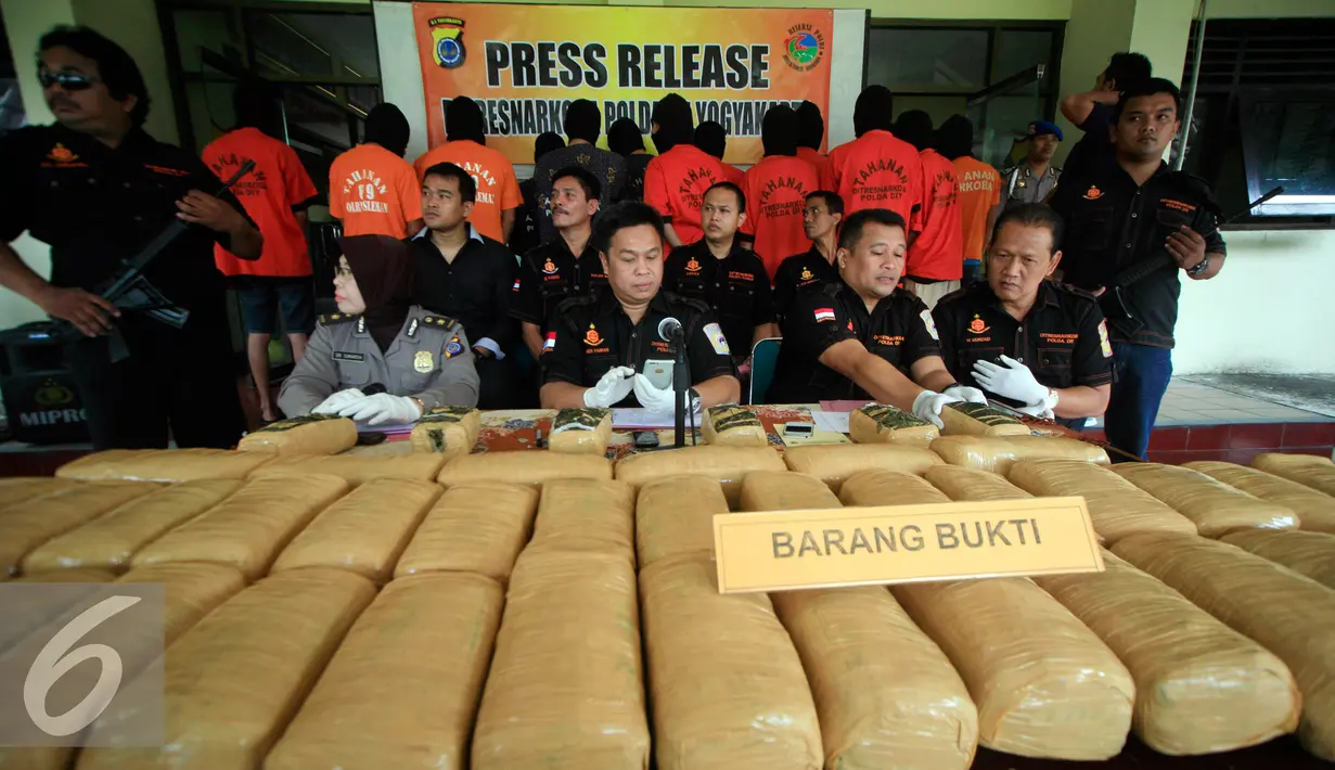 Petugas menunjukan ganja kering pada gelar barang bukti narkotika di Polda DIY, Yogyakarta, Jumat (12/2/2016). Puluhan paket ganja kering yang siap di edarkan berhasil di sita pada gelar perkara tersebut. (Liputan6.com/Boy Harjanto)