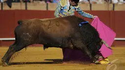  Matador Spanyol Manuel Escribano beraksi di arena adu banteng, Maestranza, Sevilla, Senin (5/5/2014) (AFP Photo/Gogo Lobato).