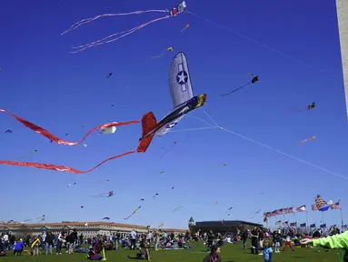 Seorang anak laki-laki berusaha menerbangkan layang-layang pada Festival Blossom Kite atau Festival Layang-Layang di dekat Monumen Washington di Washington, D.C., Sabtu (31/3). Festival ini untuk menyambut bunga sakura bermekaran. (Eva HAMBACH/AFP)