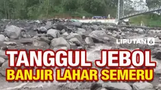 Petugas gabungan memperbaiki tanggul darurat yang rusak akibat derasnya banjir lahar erupsi Semeru. Selain perbaikan, dibuat juga sodetan agar aliran lahar tek mengarah ke permukiman.