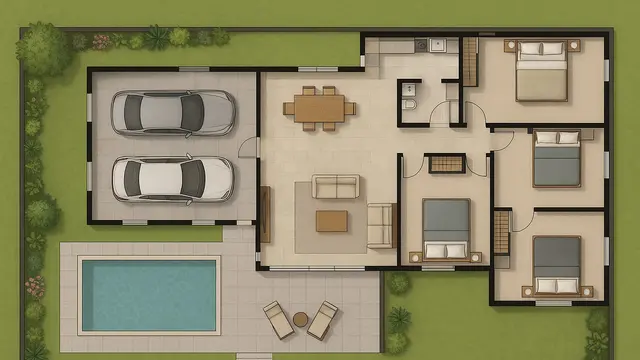 8 Denah Rumah 1 Lantai 3 Kamar Tidur dan Garasi/Ilustrasi Gambar AI