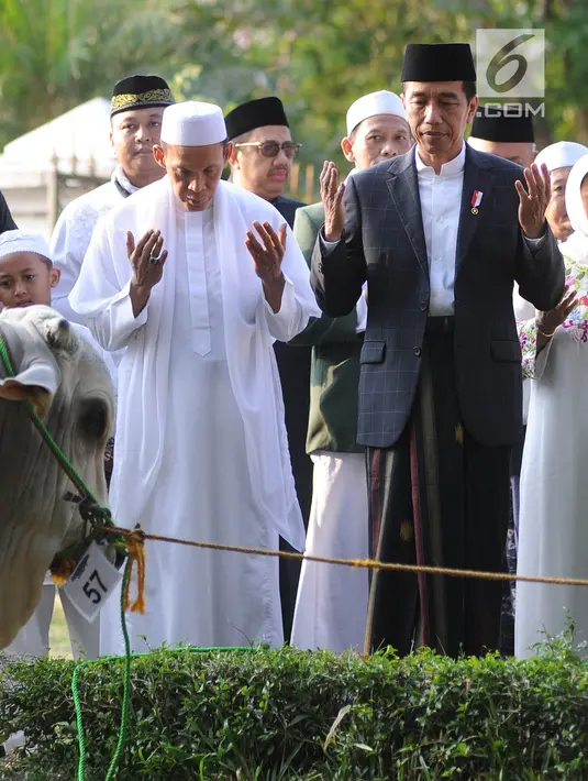 Presiden Joko Widodo atau Jokowi memanjatkan doa saat menyerahkan sapi braman 1,4 ton kepada DKM Baitul Faizin usai salat Idul Adha 1439 Hijriah di Lapangan Tegar Beriman, Cibinong, Kabupaten Bogor, Jawa Barat, Rabu (22/08). (Merdeka.com/Arie Basuki)