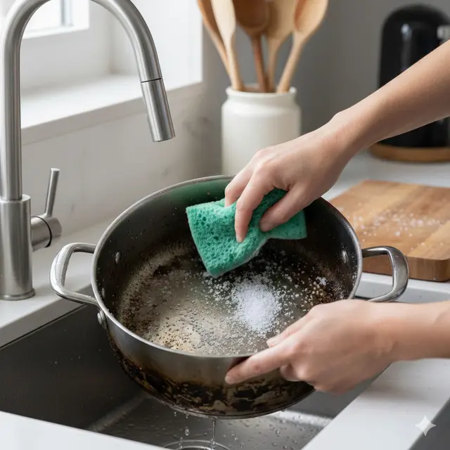 Cara Membersihkan Kerak Gosong di Panci (Foto: Gemini AI)