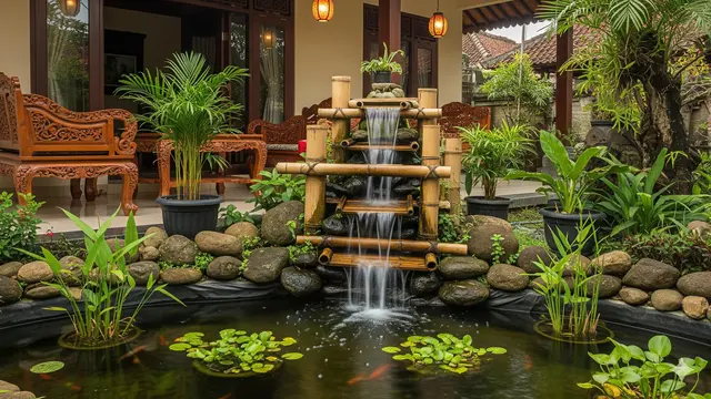 Model Kolam Ikan Mini Ornamen Bambu di Teras Rumah yang Klasik tapi Segar/Ilustrasi AI