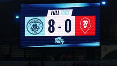 Tampilan papan skor pertandingan lanjutan Piala FA 2024/2025 antara Manchester City melawan Salford City di Etihad Stadium, Manchester, Inggris, Minggu (12/01/2025). (AFP/Darren Staples)