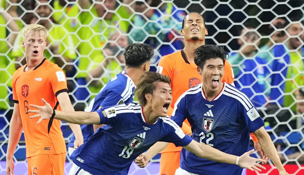 Pemain Jepang merayakan gol ke gawang Belanda dalam laga pertama Grup F Piala Dunia 2026. Bermain di Dallas Stadium, Senin (15/6/2026) dini hari WIB. (AP Photo/Julio Cortez)