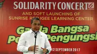 Mendes PDT, Eko Putro Sandjojo memberikan sambutan saat menghadiri acara Penggalangan dana di Jakarta, Selasa (12/9). Acara tersebut bentuk simpatik terhadap kekerasan yang melanda etnis Rohingnya di Myanmar. (Liputan6.com/Johan Tallo)