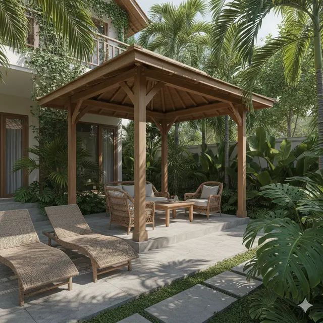Teras Rumah 6x9 dengan Gazebo Kayu dan Tanaman Tropis (Foto: Gemini AI)