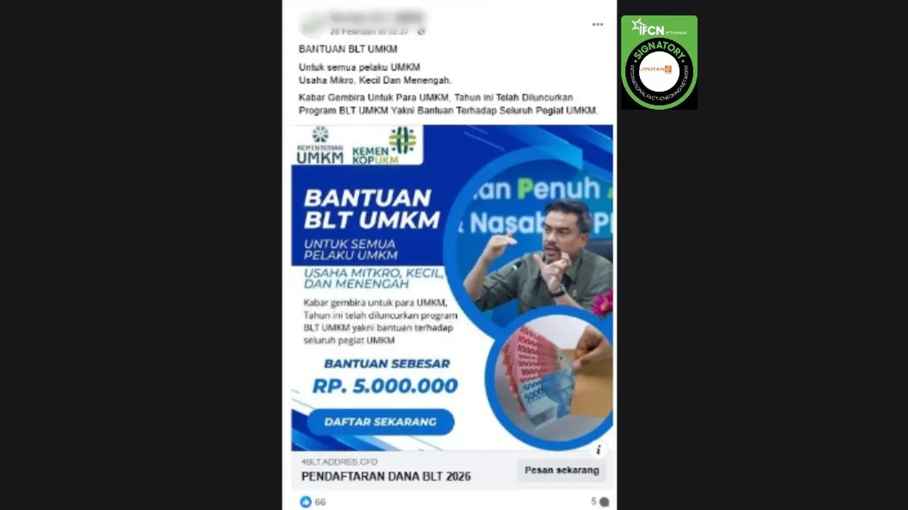 Cek Fakta Liputan6.com mendapati klaim link pendaftaran bantuan BLT UMKM sebesar Rp 5.000.000.