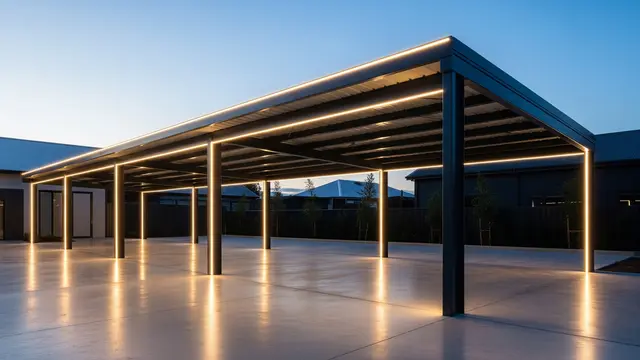 Carport Industrial Charcoal dengan Lampu Linear Modern