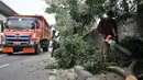Kendaraan melintas saat petugas Suku Dinas Kehutanan Jakarta Timur menebang pohon di pinggir Jalan I Gusti Ngurah Rai, Jakarta, Rabu (25/7). Penebangan dilakukan untuk mengantisipasi terjadinya pohon tumbang. (Merdeka.com/Iqbal Nugroho)