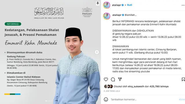 Jenazah Eril Akan Disemayamkan dan Disalatkan di Gedung Negara Pakuan Bandung. (instagram.com/ataliapr)