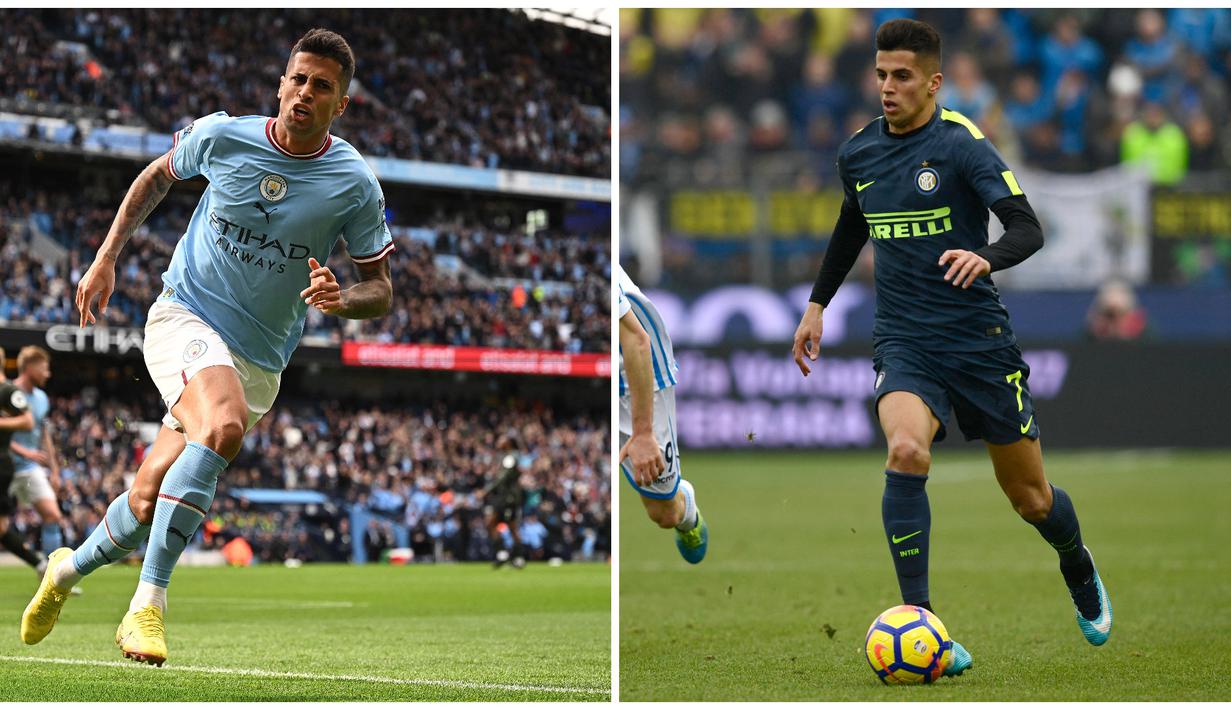 Foto kolase Joao Cancelo (kiri) saat membela Manchester City dalam pertandingan Liga Inggris pada 8 Oktober 2022 dan Cancelo (kanan) saat membela Inter Milan dalam pertandingan Serie A pada 28 Januari 2018. (AFP/Oli Scarff, Miguel Medina)