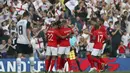 Para pemain Inggris merayakan gol Marcus Rashford saat melawan Kosta Rika pada laga uji coba di Elland Road Stdium, Leeds, Inggris, (7/6/2018). Inggris menang 2-0.  (AP/Scott Heppell)