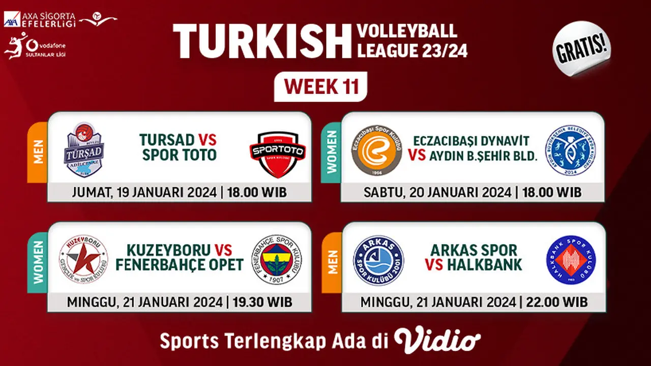 Link Live Streaming Liga Voli Turki 2023/2024 Week 11 di Vidio, 19-21 Januari 2024
