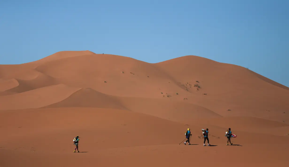 Peserta melintasi bukit pasir saat mengikuti kompetisi Marathon des Sables ke-33 di gurun Sahara, Maroko (14/4). Sekitar 1.000 peserta dari 50 negara ikut berkompetisi dalam Marathon des Sables ini. (AP Photo / Mosa'ab Elshamy)