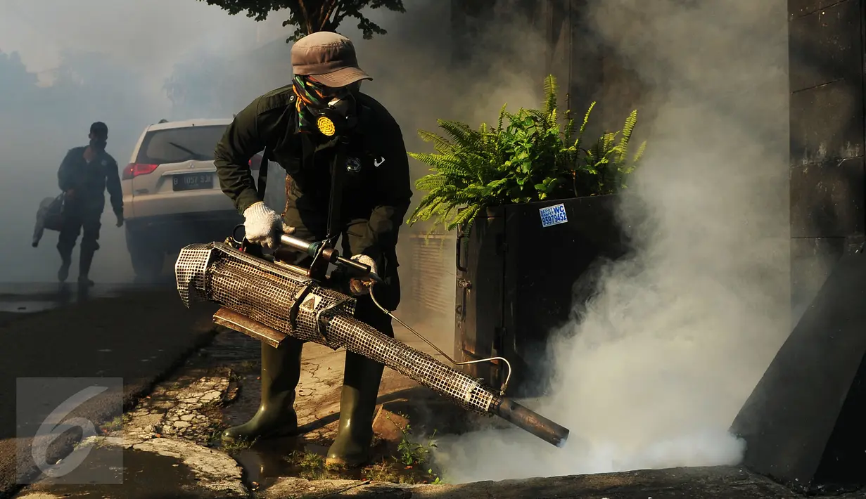 Petugas melakukan pengasapan di permukiman warga kawasan Kebayoran Baru, Jakarta, Selasa (9/2). Pengasapan untuk mencegah meluasnya wabah penyakit Demam Berdarah Dengue (DBD) yang kerap muncul pada masa pancaroba. (Liputan6.com/Gempur M Surya)