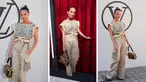 Foto kolase aktris asal Swedia, Alicia Vikander saat menghadiri koleksi busana Louis Vuitton Spring/Summer 2023 selama Paris Fashion Week di Paris pada Selasa, 4 Oktober 2022. (AP Photo/Francois Mori)