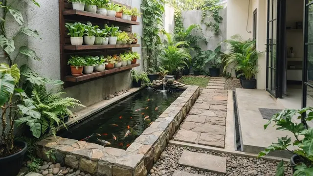 Kolam Ikan Memanjang dengan Kebun Sayur Vertikal