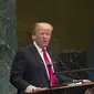 Presiden AS Donald Trump saat berpidato di Sidang Majelis Umum PBB 2018 di New York (25/9) (Mary Altaffer / AP PHOTO)