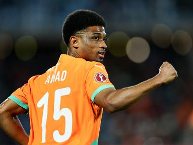 Pemain Pantai Gading, Amad Diallo, melakukan selebrasi setelah mencetak gol ke gawang Burkina Faso pada laga Piala Afrika, Rabu (07/01/2026) dini hari WIB. (AFP/Franck Fife)