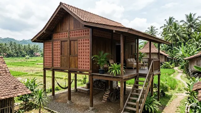 Inspirasi Rumah Desa Kombinasi Kayu dan Roster agar Lebih Adem