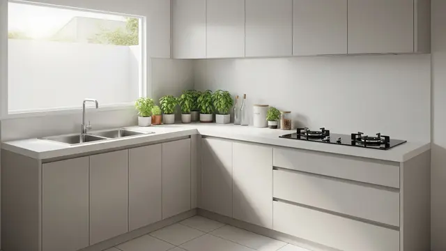 Dapur Minimalis Modern Kontemporer Bentuk L dengan Tanaman Basil