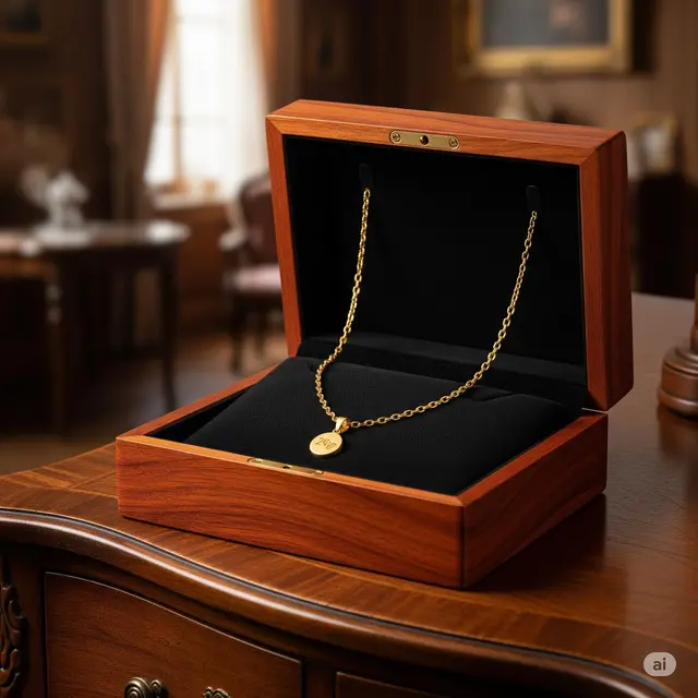 Ilustrasi kotak perhiasan yang berisi kalung emas.