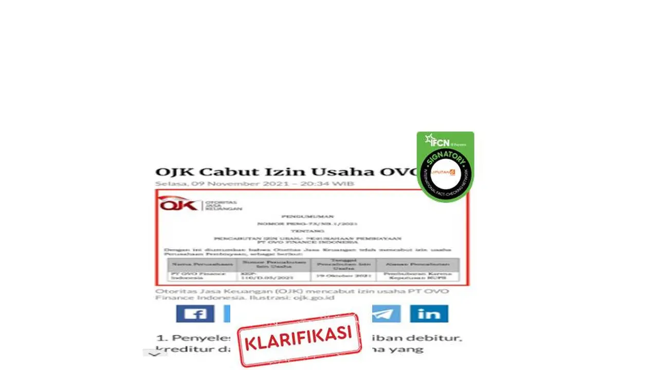Cek Fakta OVO dicabut izinnya oleh OJK