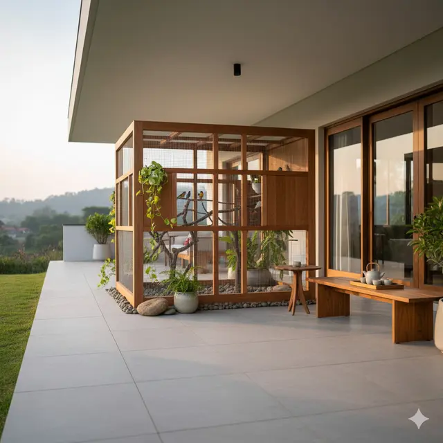 Aviary Minimalis dengan Sentuhan Kayu Alami