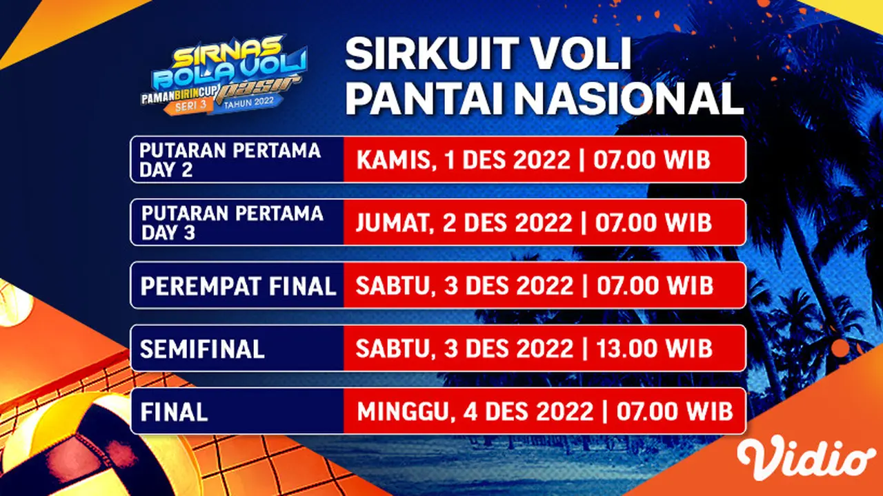Tonton Live Streaming Sirnas Voli Pantai 2022 Seri 3 di Vidio 1-4 Desember 2022