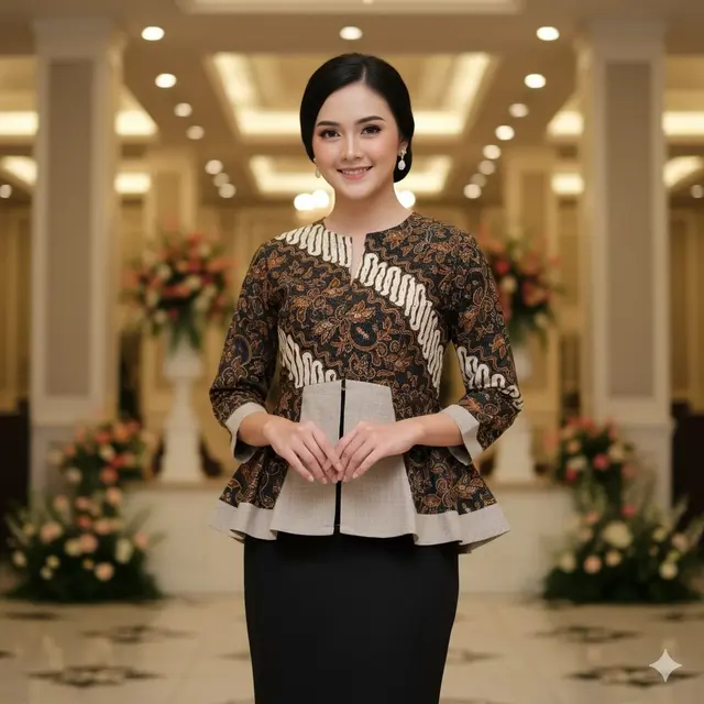 Blouse Batik Wanita Model Peplum Kombinasi Kain Polos untuk Kondangan
