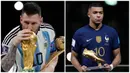 Foto kolase saat FIFA memberikan penghargaan individual kepada Lionel Messi (kiri) dan Kylian Mbappe  sebelum upacara pemberian trofi Piala Dunia. (Foto-foto: AP Photo/Martin Meissner, )