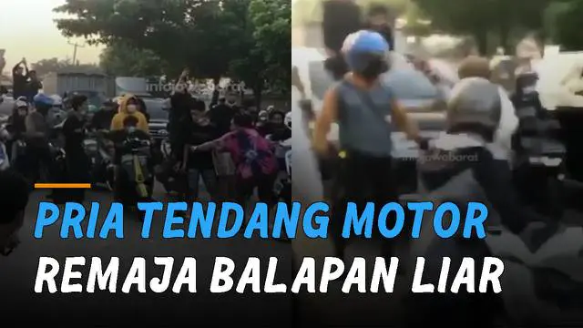 Sekelompok remaja nekat hentikan jalanan untuk balapan liar. Namun ada seorang pria yang berani menendang motor remaja balapan liar tersebut.