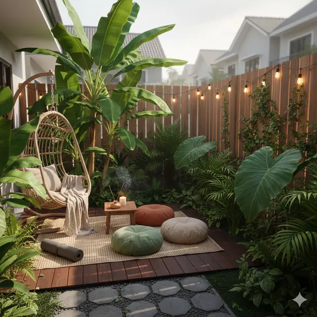 Model Halaman Belakang Rumah Kecil yang Nyaman untuk Yoga dan Relaksasi Harian