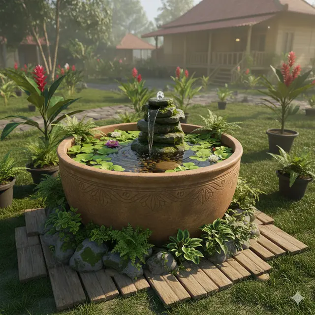 7 Desain Kolam Ikan Mini dari Gentong Tanah Liat, Kreasi Natural yang Menyejukkan