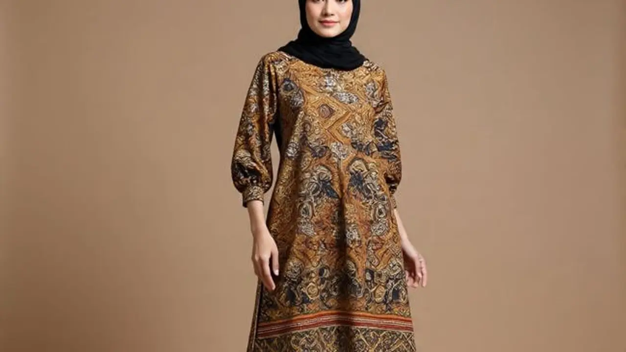 Ilustrasi Gaya Batik Kombinasi Lengan Puff Hijab Friendly (Sumber Gambar: Meta AI)