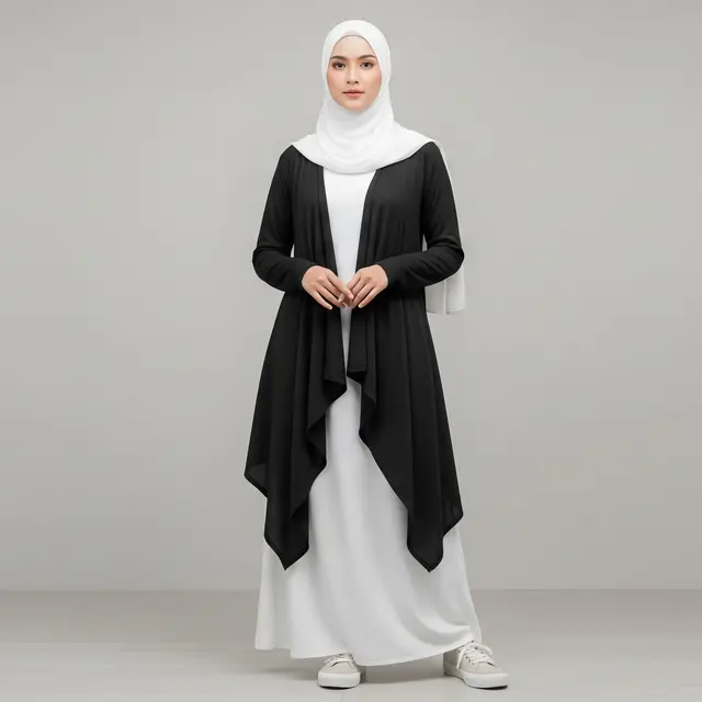 Gamis Cardigan Asimetris dengan Sentuhan Modern