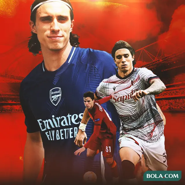 Ilustrasi - Riccardo Calafiori, pake jersey Roma, Bologna, Arsenal