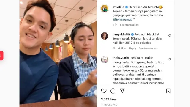 Penyanyi Aviwkila yang melakukan penerbangan domestik. Sayangnya, perjalanannya dibuat kecewa dengan Lion Air