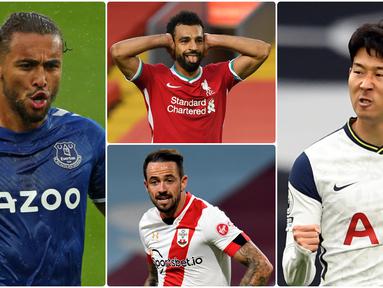 Penyerang Tottenham Hotspurs, Son Heung-min, bersaing ketat dengan striker Everton, Dominic Calvert-Lewin, dalam raihan jumlah gol di pekan kelima Liga Inggris 2020/2021. Berikut top skor sementara Liga Inggris hingga pekan kelima musim ini. (kolase foto AFP)
