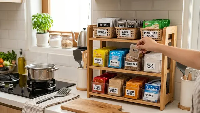 Ide menata bumbu sachet agar mudah dicari dan tidak bikin dapur berantakan model gunakan rak untuk menyimpan persediaan