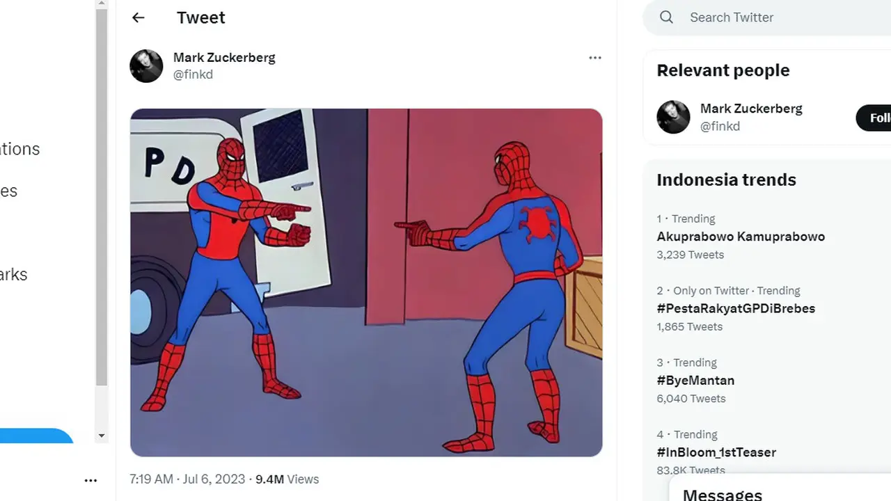 Tweet Mark Zuckerberg yang diunggahnya di hari peluncuran jejaring sosial pesaing Twitter, Threads (Tangkapan layar)
