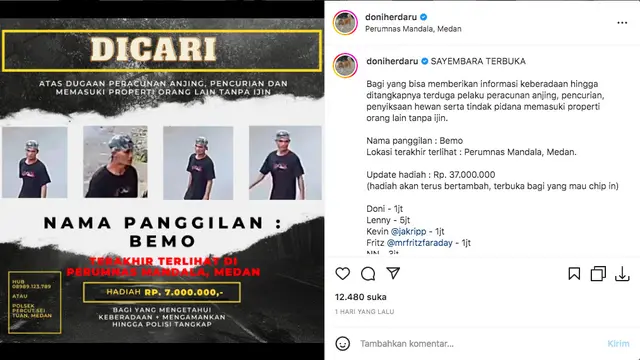 Sayembara Mencari Pelaku Pencurian Anjing di Medan, Kini Sudah Tembus Rp 30 Juta. (instagram.com/doniherdaru)