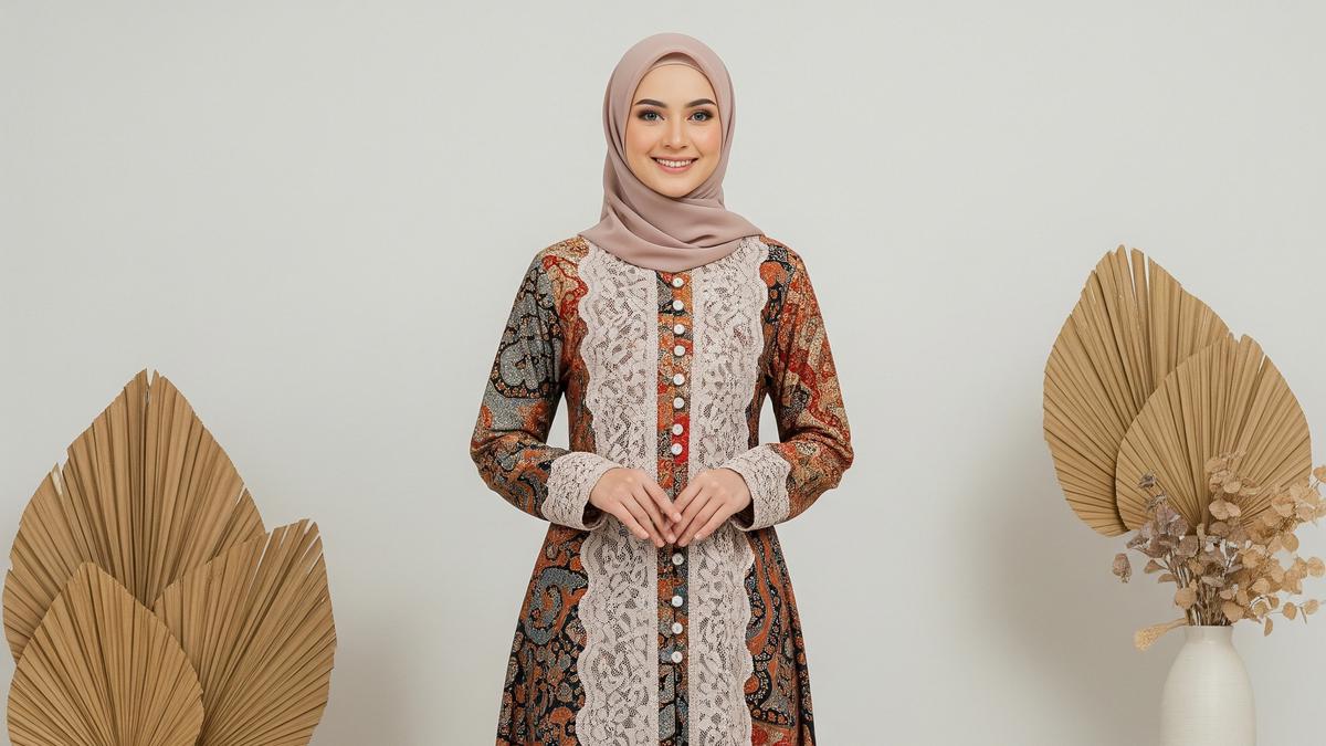 9 Model Gamis Batik Kombinasi Brokat Lengan Panjang Elegan, Tren Muslimah 2025